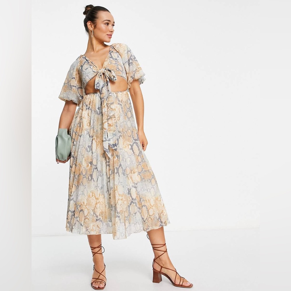 ASOS DESIGN wrap around pleated midi dress in snake print